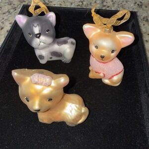 Holiday Set Of 3 Dogs Tree Ornaments Very Fragile Blown Glass  5549.